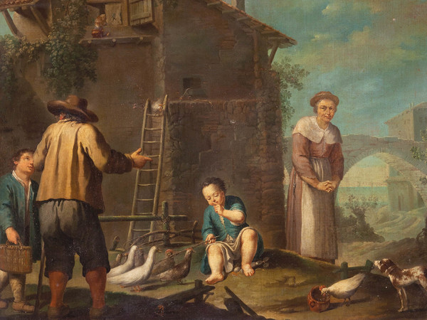 Antonio Rossi (Bologna 1700 - 1753), Bertoldino cova le uova, 1740-1750 circa, Olio su tela, 94 x 69 cm, Provenienza: Casa d’aste Wannenes, Genova, 2014