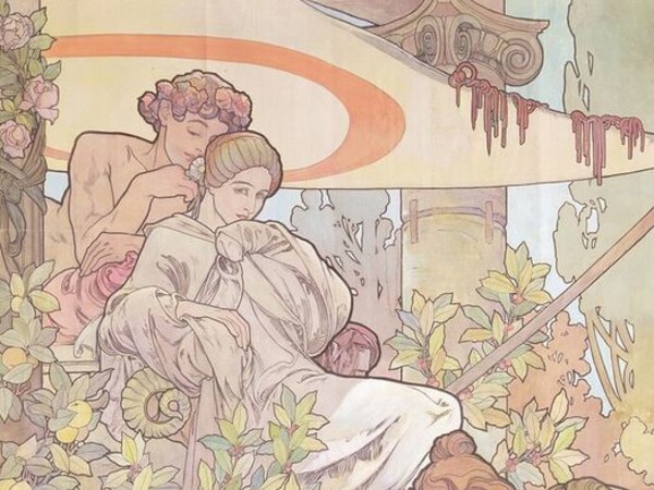 Alfons Mucha (1860-1939), Doba římská a příchod Slovanů (L'epoca romana e l'arrivo degli Slavi), Particolare, 1900, Dipinto decorativo per il padiglione della Bosnia-Erzegovina all’Esposizione Universale di Parigi del 1900, Acquerello e colore stemperato su tela; 692 x 345 cm