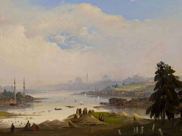 Ippolito Caffi, Costantinopoli: veduta dalle acque dolci d’Europa, 1843, Olio su cartoncino intelato, 40 x 26 cm, Firmato in basso a sinistra: Costantinopoli, veduta dall’acque dolci d’Europa. Caffi, Iscritto e datato sul retro: Costantinopoli, veduta dall’acque dolci d’Europa. Caffi 1843