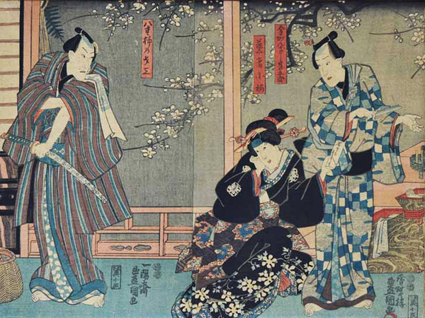 Yoshu Chinkanobu (1838 - 1912), <em>Scena di teatro Kabuki</em>, Xilografia policroma in formato oban, 70 x 35 cm, Firmata <em>Il pennello di Yoshu Chikanobu</em>