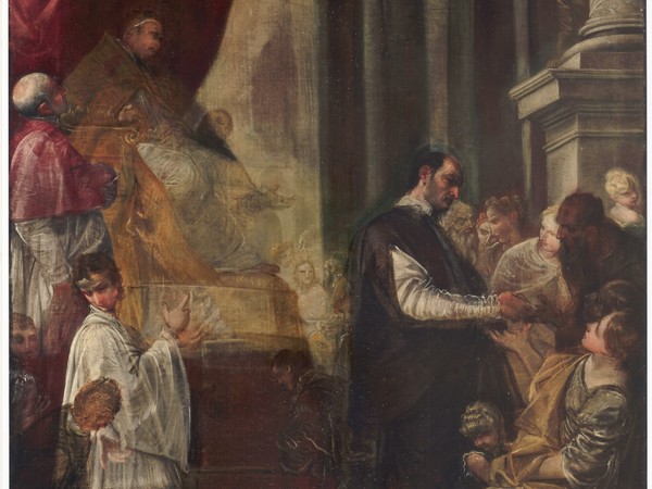 Donato Creti, (Cremona 1671 - Bologna 1749), L’elemosina di San Gregorio Magno, 1693 circa, Olio su tela, 95.5 x 128 cm, Provenienza: Collezione privata, Modena, 2014