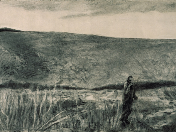 Giuliano Vangi, Uomo nel paesaggio, 1986, matita e carboncino su carta giapponese; cm 64 x 97. Firenze, Gabinetto dei Disegni e Stampe degli Uffizi, Collezione 