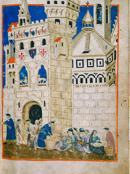 Domenico Benzi, Specchio umano, I poveri cacciati da Siena sono accolti a Firenze, 1335-1347, Membranaceo; legatura moderna in cuoio e asse