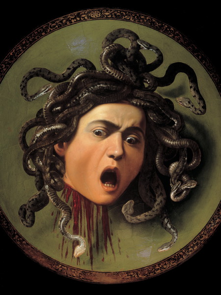 Michelangelo Merisi da Caravaggio, Testa di Medusa, 1597 ca. Olio su tela, cm 60×55. Galleria degli Uffizi, Firenze
