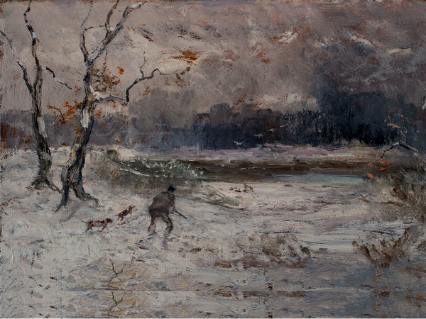 Pompeo Mariani, Cacciatori alla Zelata d’inverno, 1894. Olio su tavola, 30,7 x 45,7