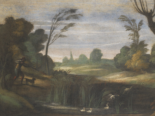 Giovanni Francesco Barbieri, detto il Guercino (Cento, 1591 - Bologna, 1666), Paesaggio con cacciatore che spara alle anatre, 1615, Affresco, Cento, Pinacoteca Civica