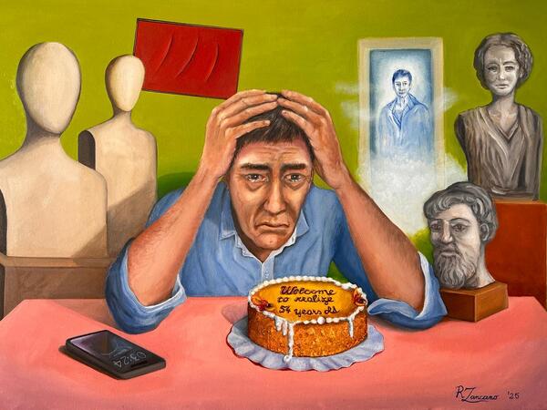 Riccardo Zancano, Consapevolezza introspettiva, 2025, olio su tela, Spinello rosso, Lolite e Agata bianca, 70x50 cm.