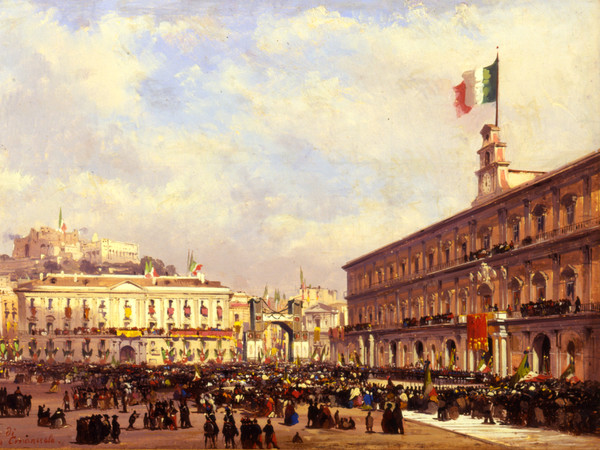 Ippolito Caffi, Arrivo di Vittorio Emanuele a Napoli, 1860, Olio su cartoncino intelato, 51 x 30 cm, Firmato e datato: Napoli, settembre 1860. Arrivo di Vittorio Emanuele