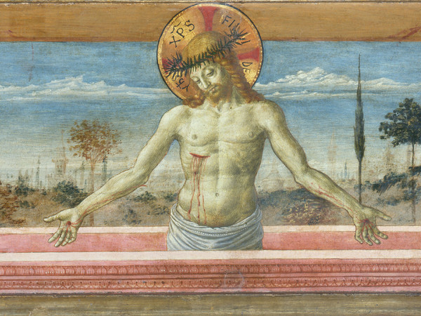 Benozzo Gozzoli, Pala di Santa Maria Maddalena. Madonna col Bambino e angeli tra i Santi Giovanni Battista, Maria Maddalena, Agostino e Marta, Predella con Cristo in pietà tra la Vergine e Giovanni Evangelista, Tempera e oro su tavola, Milano, Pinacoteca di Brera