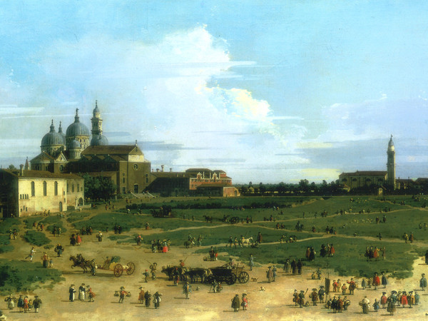 Canaletto (1697-1768), Prato della Valle, con Santa Giustina e il Monastero di benedettine, Santa Maria della Misericordia, Padova, 1756 circa, Olio su tela, 87.5 x 40 cm