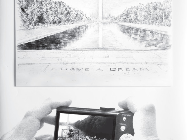 Pietro Iori, Nel tempo che non c’è (dal ciclo In front off), 2014, tecnica mista, disegno a grafite su carta, stampa inkjet fine art su d-bond, schermo digitale, video in loop, cm 65x52