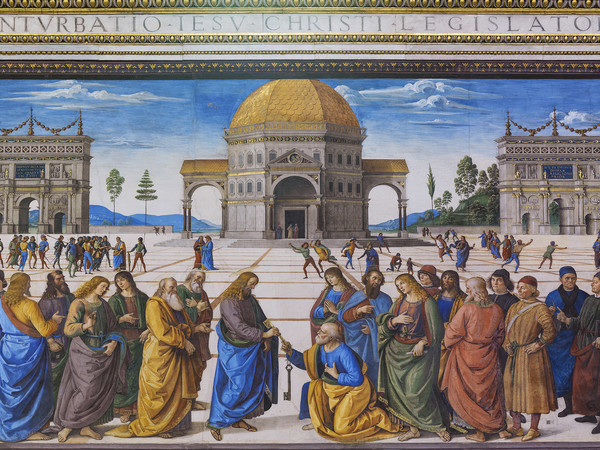 Perugino, Consegna delle Chiavi dopo l’installazione del nuovo impianto di illuminazione, Cappella Sistina. Foto Boutique Creativa © Governatorato SCV – Direzione dei Musei