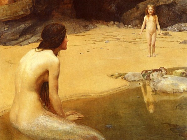 John Collier (1850 - 1934), The Land Baby, 1909, Olio su tela, Londra, Royal Academy | Nel dipinto di John Collier, genero del discepolo britannico di Darwin, Thomas Huxley, in cui una sirena osserva con stupore una bambina nuda sulla spiaggia avvicinarsi all'acqua, si intravvede un singolare connubio tra fiaba e teorie evoluzionistiche.