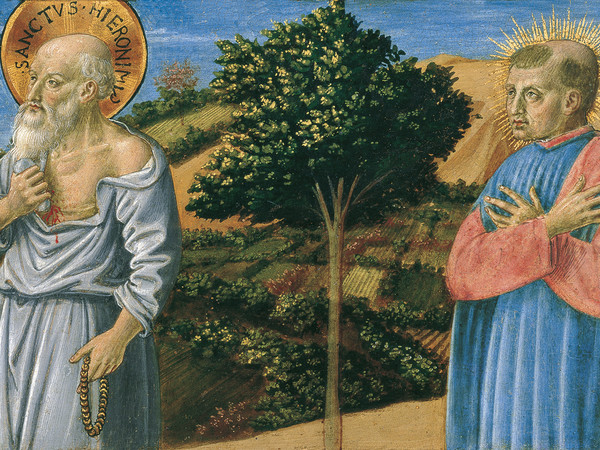Benozzo Gozzoli, Pala di Santa Maria Maddalena. Madonna col Bambino e angeli tra i Santi Giovanni Battista, Maria Maddalena, Agostino e Marta, Predella con San Girolamo e Beato Bartolo, Tempera e oro su tavola, Madrid, Museo Thyssen-Bornemisza