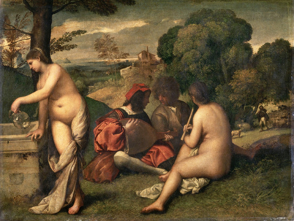 Giorgione (1478 - 1510) e/o Tiziano (1490 - 1576), Concerto campestre, Circa 1510, Olio su tela, 110 x 138 cm, Prigi, Museo del Louvre