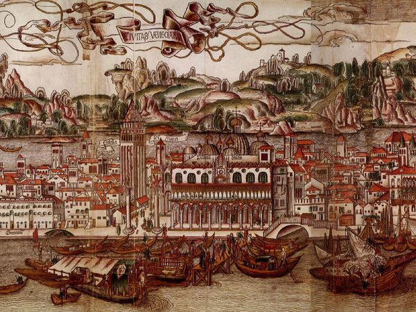 1420 | L’annessione alla SerenissimaVenezia annette Aquileia e il suo principato. Fine del potere temporale dei patriarchi | Carta di Venezia nel XV secolo, 1400-1500, Da Voyages en Italie, Gallica / BNF, Di Erhardum Reüwich de Trajecto & Bernhard von Breydenbach (1440 - 1497)