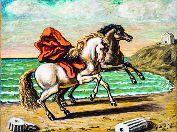 Giorgio de Chirico, Due cavalli in riva al mare con ruderi e drappo rosso, 1971
