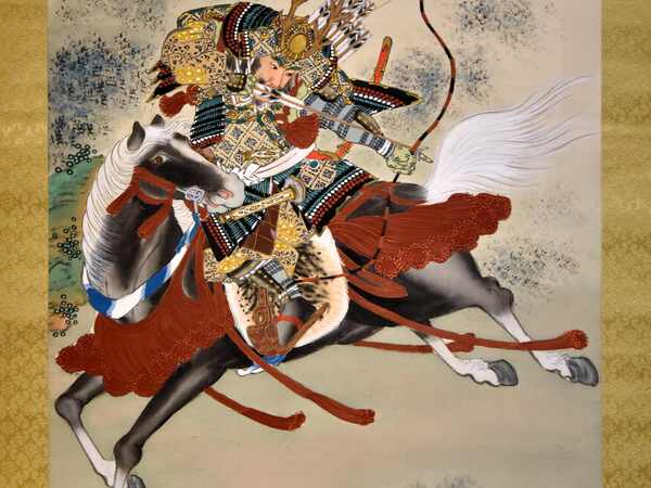 Samurai a cavallo, prima metà del XX secolo, rotolo verticale dipinto a inchiostro e color