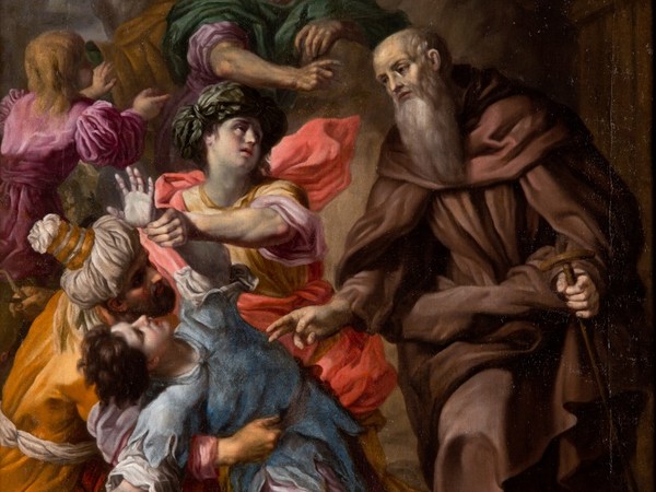 Giuseppe Zanatta, S. Antonio Abate resuscita un giovane assassinato. Olio su Tela, cm 180x150. Parrocchia S.Antonio, Vacciago (NO)