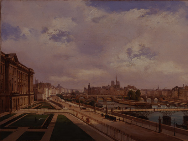 Ippolito Caffi, Parigi: veduta del palazzo del Louvre, 1855, Olio su cartone intelato, 81 x 50 cm, Firmato e datato: Caffi 1855, Parigi, Sul retro, in grafia ottocentesca: Veduta di Parigi presa dal Palazzo del Louvre 1855