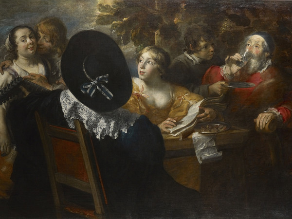 Jan Cossiers (1600 - 1671), L'allegra compagnia (I cinque sensi), Dopo il 1650, Olio su tela, 198 x 132.90 cm, Anversa, Collezione Privata