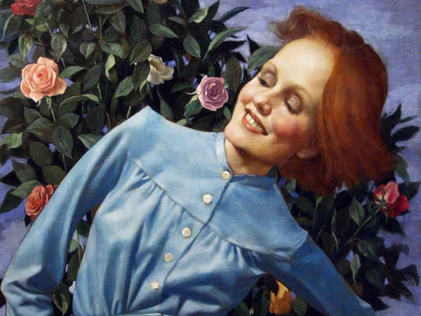 John Currin, Bent Lady, 2003 Olio su tela 96.5 x 121.9 cm | Courtesy Lindon Gallery © John Currin - Image Courtesy Gagosian Gallery and Sadie Coles HQ