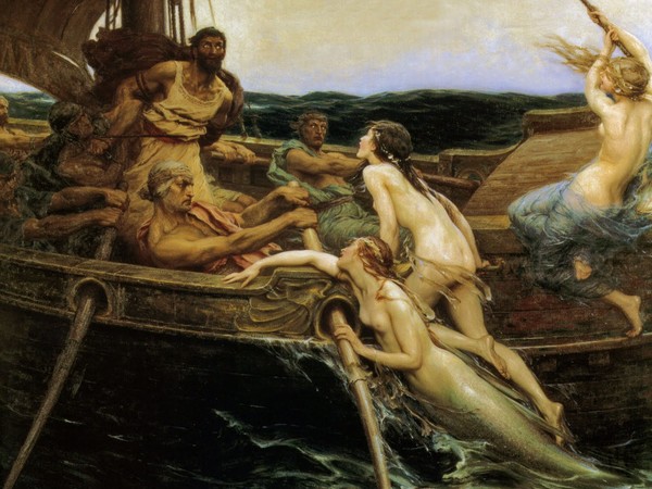 Herbert James Draper (1863 - 1920), Ulisse e le Sirene, 1909 circa, Olio su tela, 177 x 213.5 cm, Kingston upon Hull, Ferens Art Gallery | Nell'immaginario ottocentesco le antiche Sirene dei Greci avevano ormai da tempo assunto le caratteristiche sembianze di bellissime fanciulle abitanti del mare, il cui canto irresistibile costituiva per gli uomini un fatale richiamo erotico.
