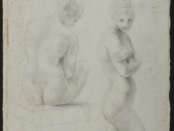 Anonio Canova, Nudo femminile seduto su un podio, di schiena, con il capo verso destra; Nudo femminile stante di profilo, con le braccia incrociate sul petto e il capo girato verso l’osservatore, 1800-1805 circa. Matita su carta avorio, 460 x 338 mm. Bassano del Grappa, Museo-Biblioteca-Archivio, A 9.9