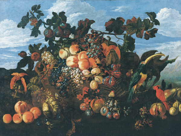 Abraham Brueghel, Grande natura morta di frutta in un paesaggio, 1670, Olio su tela, 136.5x97 cm, Collezione privata