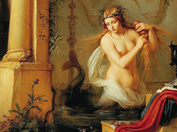 Julius Hübner (1806 - 1882), Die schöne Melusine (La bella Melusina), 1844 | Nella tradizione medievale le melusine sono fate dell'acqua, con la coda di pesce o di serpente, destinate a sposare un cavaliere a condizione di non esserne mai viste nel loro vero sembiante. Infrangere il tabù della melusina, simbolo dell'autorità e della ricchezza cavalleresca, avrebbe condotto il cavaliere alla rovina e condannare la fata a restare per sempre un ibrido.