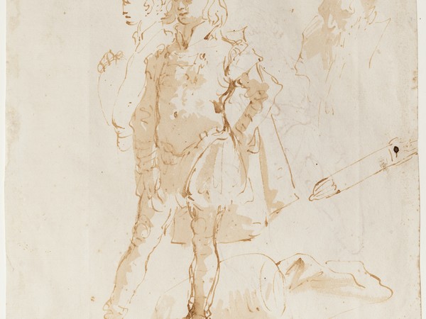 Giambattista Tiepolo, Giovane in piedi e studi di tre teste (studio per la figura di Alessandro ne La famiglia di Dario ai piedi di Alessandro), penna e inchiostro  bruno, inchiostro diluito bruno, mm 211x184. Firenze, Museo Stefano Bardini