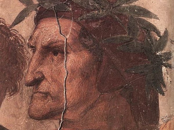 Raffaello Sanzio, Disputa del sacramento, dettaglio Dante, 1508-1509. Stanza della Signatura, Città del Vaticano.