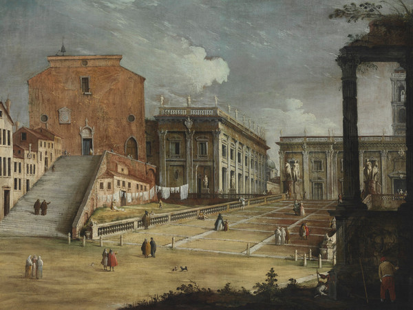 Bernardo Canal (1673-1744) e Canaletto (1697-1768), Santa Maria d'Aracoeli e il Campidoglio, Roma, 1720 circa, Olio su tela, 200 x 146.5 cm, Budapest, Szépmúvészeti Múzeum / Museum of Fine Arts  | © 2018 Szépmvészeti Múzeum - Museum of Fine Arts Budapest