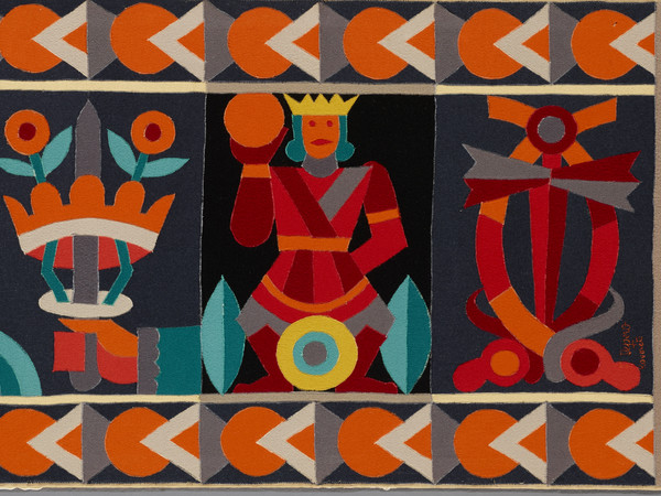 Fortunato Depero, Il re di denari, 1936, Tarsia in panno (arazzo), 46.5 × 98 cm | Courtesy © Mart, Museo di arte moderna e contemporanea di Trento e Rovereto Provincia autonoma di Trento - Soprintendenza per i beni culturali