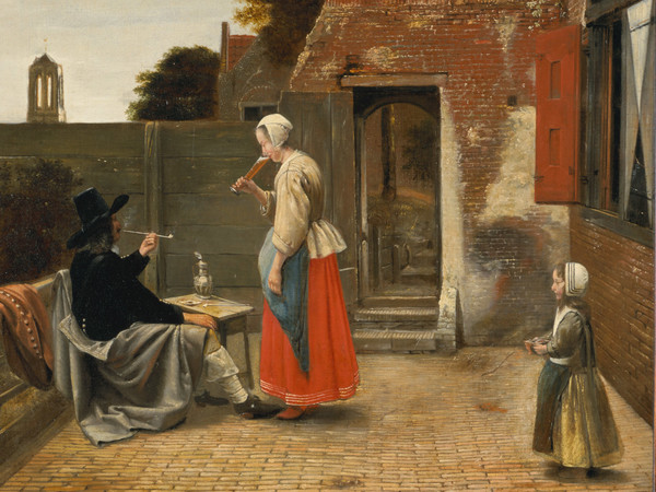 Pieter de Hooch, Uomo che fuma e donna che beve in un cortile, 1658-1660 circa, olio su tela, cm 78 x 65. L’Aia, Gabinetto reale di pitture Mauritshuis dono di Mr e Mrs Ten Cate-van Wulfften Palthe, Almelo, 1947. © L’Aia, Gabinetto reale di pitture Mauritshuis