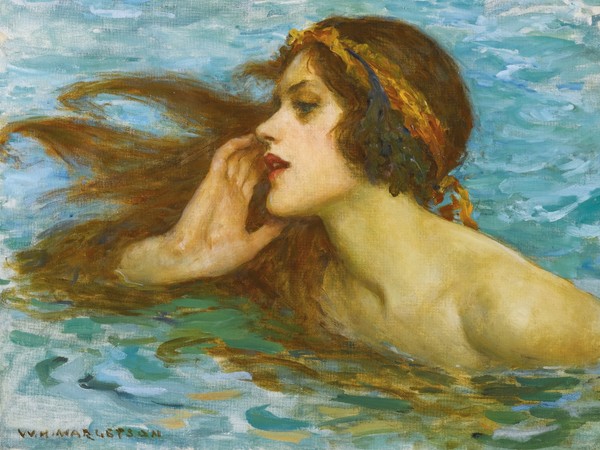 William Henry Margetson (1860 - 1940), A Little Sea Maiden, Il dipinto fu probabilmente ispirato dal libro Den lille havfrue (La piccola fanciulla di mare / La Sirenetta) di Hans Christian Anderson, pubblicato per la prima volta nel 1837, che narra la storia della figlia del Re Marino che per poter sposare un principe mortale ed ottenere un'anima, vendette la sua meravigliosa voce ad una strega in cambio della trasformazione della sua coda di pesce in un paio di gambe.