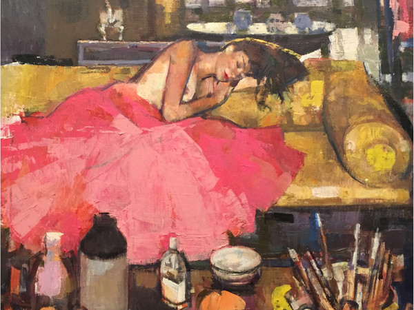 Geoffrey Humphries, Sleeping girl on opium bed, Olio su tela (Particolare), 100 x 10 cm, 2017 | Courtesy of the Artist and The Osborne Studio Gallery, London