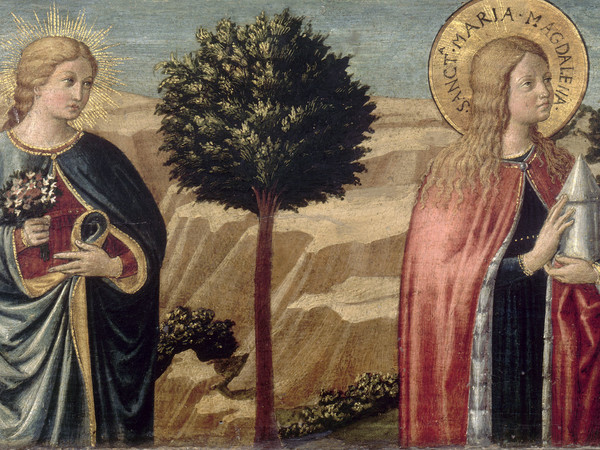 Benozzo Gozzoli, Pala di Santa Maria Maddalena. Madonna col Bambino e angeli tra i Santi Giovanni Battista, Maria Maddalena, Agostino e Marta, Predella con Beata Fina e Santa Maria Maddalena, Tempera e oro su tavola, Avignone, Musée du Petit Palais