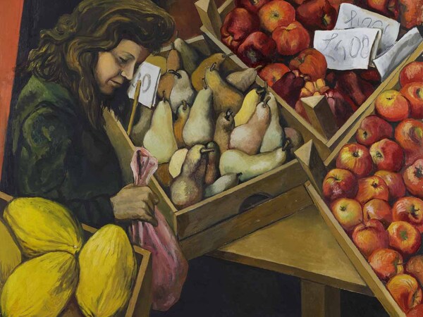 Renato Guttuso, Donna e banco di frutta, 1974, olio su tela