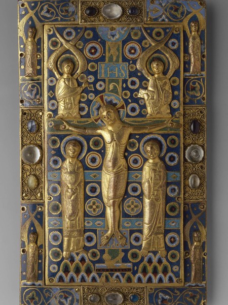 Placca di legatura con Crocefissione, Francia, Limoges, XIII secolo, rilegatura nel XIX secolo, Legno, rame dorato, smalto champlevé, vetro, cristallo di rocca, 31,7x19,1 cm San Pietroburgo, Museo Statale Ermitage