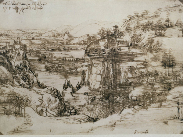 Leonardo da Vinci, Paesaggio, 5 agosto 1473. Penna e inchiostro ferrogallico di due diverse tonalità su carta, 196 ✕ 287 mm. Firenze, Gabinetto Disegni e Stampe degli Uffizi