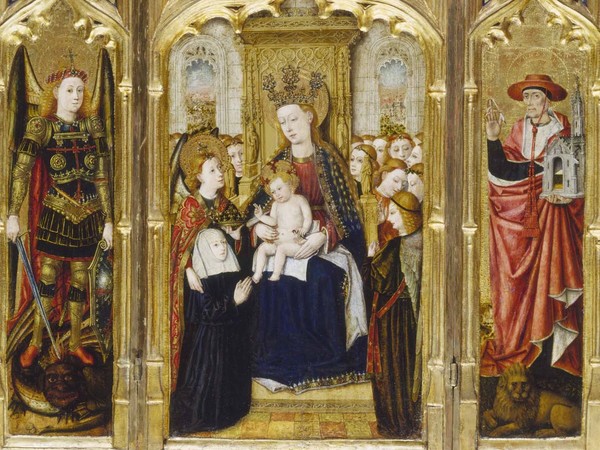 Jacomart Baço e Joan Reixach, Trittico con Madonna con Bambino e la Regina Maria di Castiglia, San Michele e San Girolamo, tempera su tavola, 39 x 80 cm, Francoforte, Stadelsches Kunstinstitut