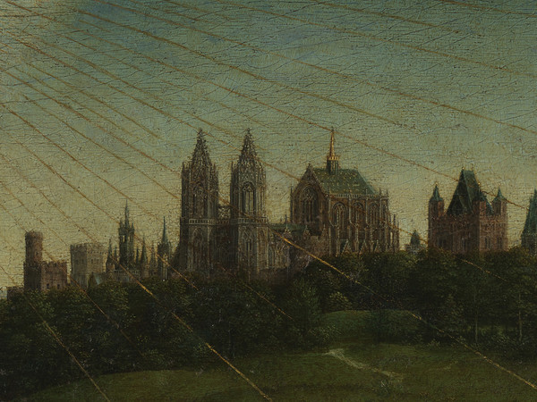 Jan e Hubert van Eyck, L’Adorazione dell’Agnello Mistico, 1432, Dettaglio del paesaggio sullo sfondo del pannello centrale della Pala d'altare di Gand aperta con l'Adorazione dell'Agnello, Prima del restauro, Olio su tavola, Gand, Cattedrale di San Bavone | Courtesy of Saint-Bavo’s Cathedral Ghent © Lukasweb.be-Art in Flanders vzw | Photo: KIK-IRPA