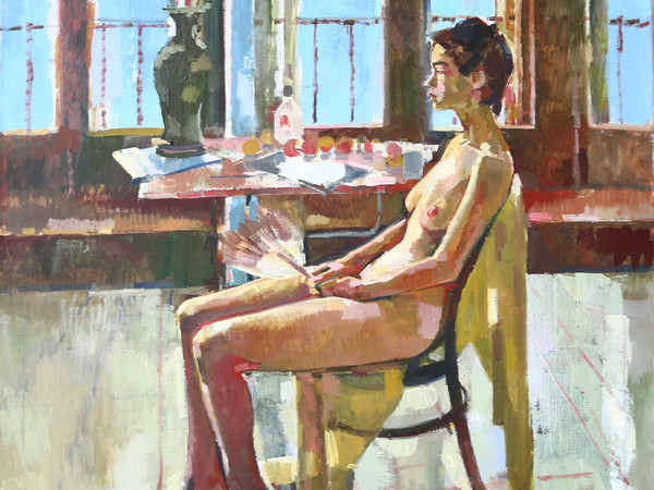 Geoffrey Humphries, Jo seated Giudecca studio, Olio su tela (Particolare) | Courtesy of the Artist and The Osborne Studio Gallery, London