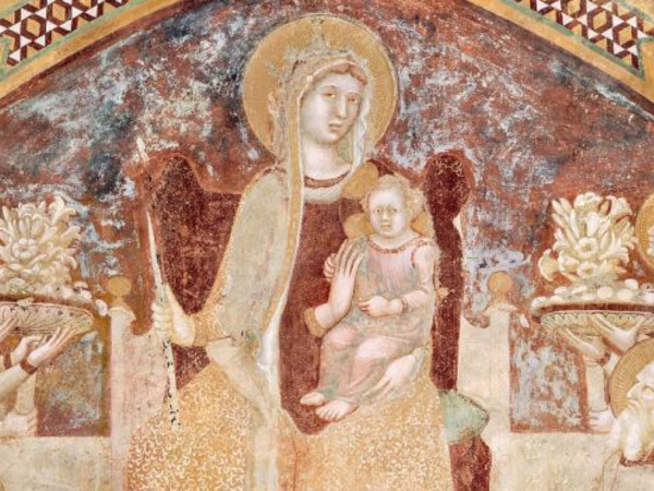 Ambrogio Lorenzetti, Maria Regina in trono con angeli, santi, la Misericordia, la Carità ed Eva, 1334-1336, Affresco strappato e applicato su supporto di poliestere e fibra di vetro, 441 x 301 cm, Chiusdino (Siena), Chiesa di San Galgano a Montesiepi, Cappella