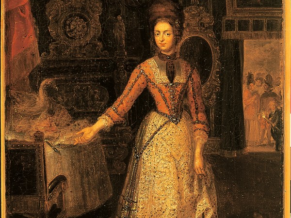 Jan Frans van Douven, Cinque scene di vita di corte a Düsseldorf;  L’Elettrice Palatina in abito ‘alla tedesca’, 1691-1700 ca, olio su tela, Firenze, Palazzo Pitti, Galleria Palatina