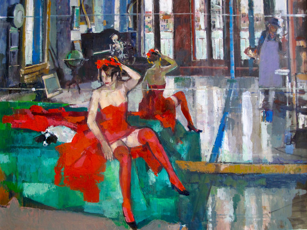 Geoffrey Humphries,The Christmas Dress, Olio su tela (Particolare), 120 x 100 cm | Courtesy of the Artist and The Osborne Studio Gallery, London