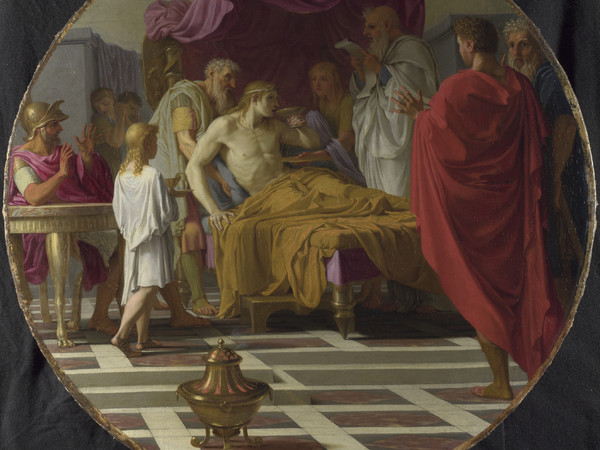 Eustache Le Sueur, Alessandro e il suo dottore, 1648-1649 circa, Olio su tela, 96 x 96 cm | © The National Gallery, London | Alessandro Magno (356-323 a.C.) giace a letto malato e beve fiducioso la medicina datagli dal suo medico Filippo, che sta leggendo ad alta voce la lettera in cui lo si accusa di tradimento contro il suo stesso re.