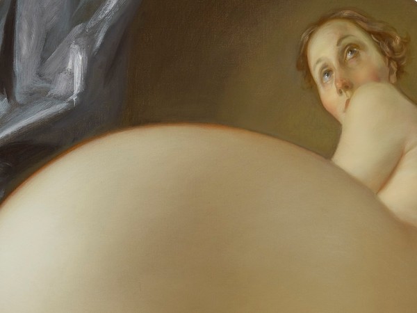 John Currin, Nude in a Convex Mirror, 2015 Olio su tela, Diametro 106.7 cm | Private Collection © John Currin - Courtesy Gagosian Gallery - Photo  by Douglas M. Parker Studio