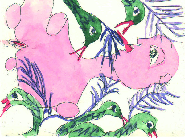 Carol Rama, Appassionata I, 1998, Acquaforte su zinco, 84 x 98 mm Esemplare unico stampato su carta Hahnemühle, 34 x 24 cm, con intervento ad acquerello | Courtesy of EXMA Cagliari e MACC Calasetta, 2016
